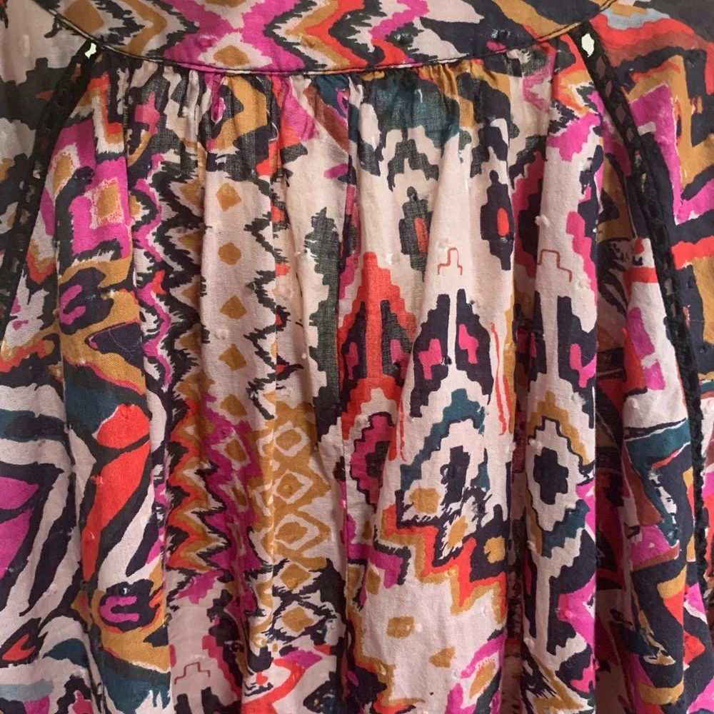 ZARA Boho Tunic Dress L Ikat Tribal Print Long Sleeve Button Cuff - Picture 11 of 15